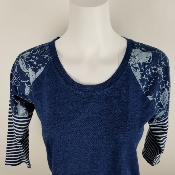 J. Crew Indigo Stripe Floral Baseball T-shirt - Picture 2 of 7